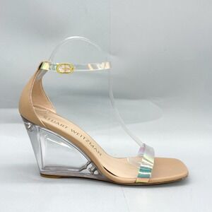 Stuart Weitzman Womens 8.5 Nudistlucite Clear Wedge Sandals Iridescent Strap